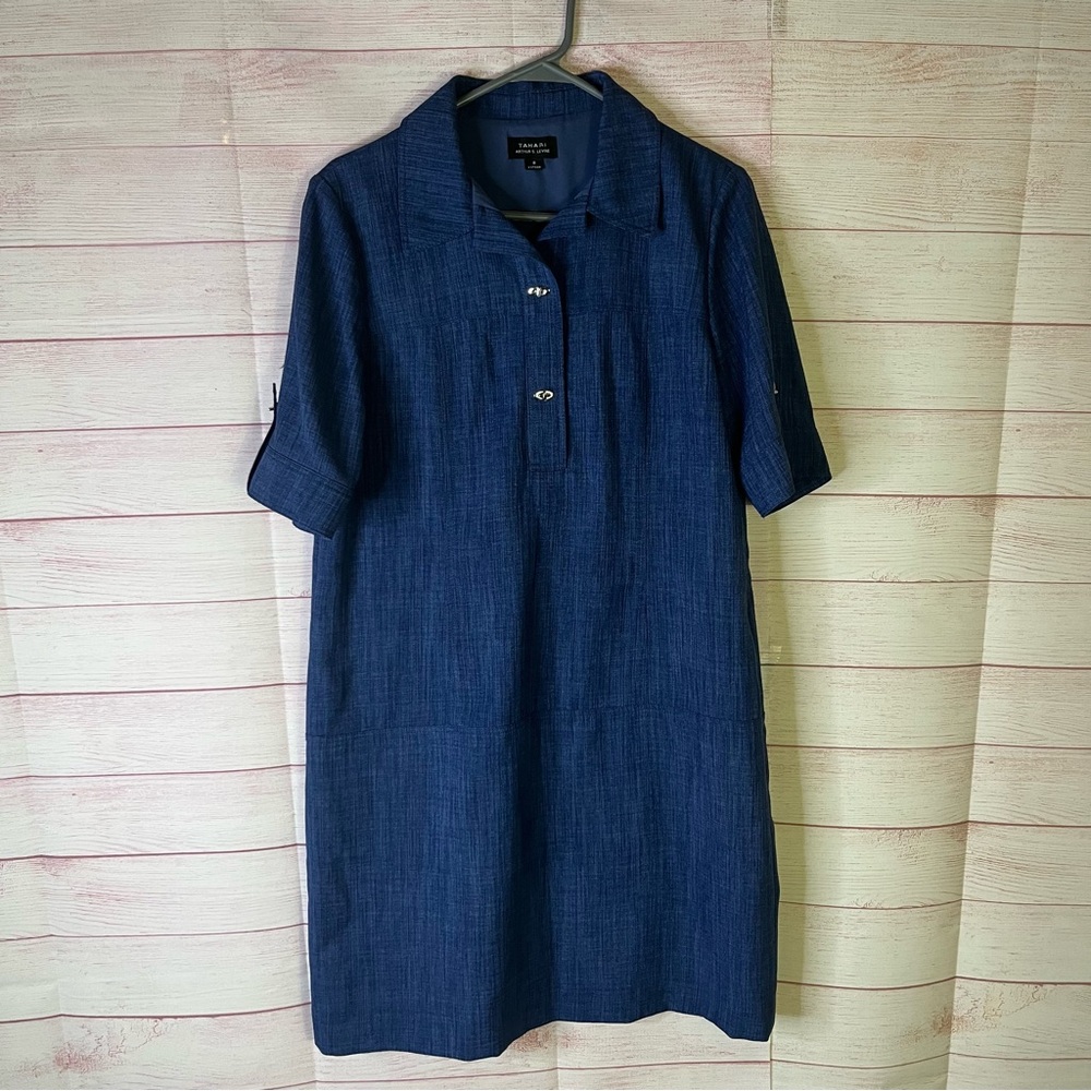 Tahari Arthur S. Levine Blue Collard Turn-Lock Button Dress Size 8